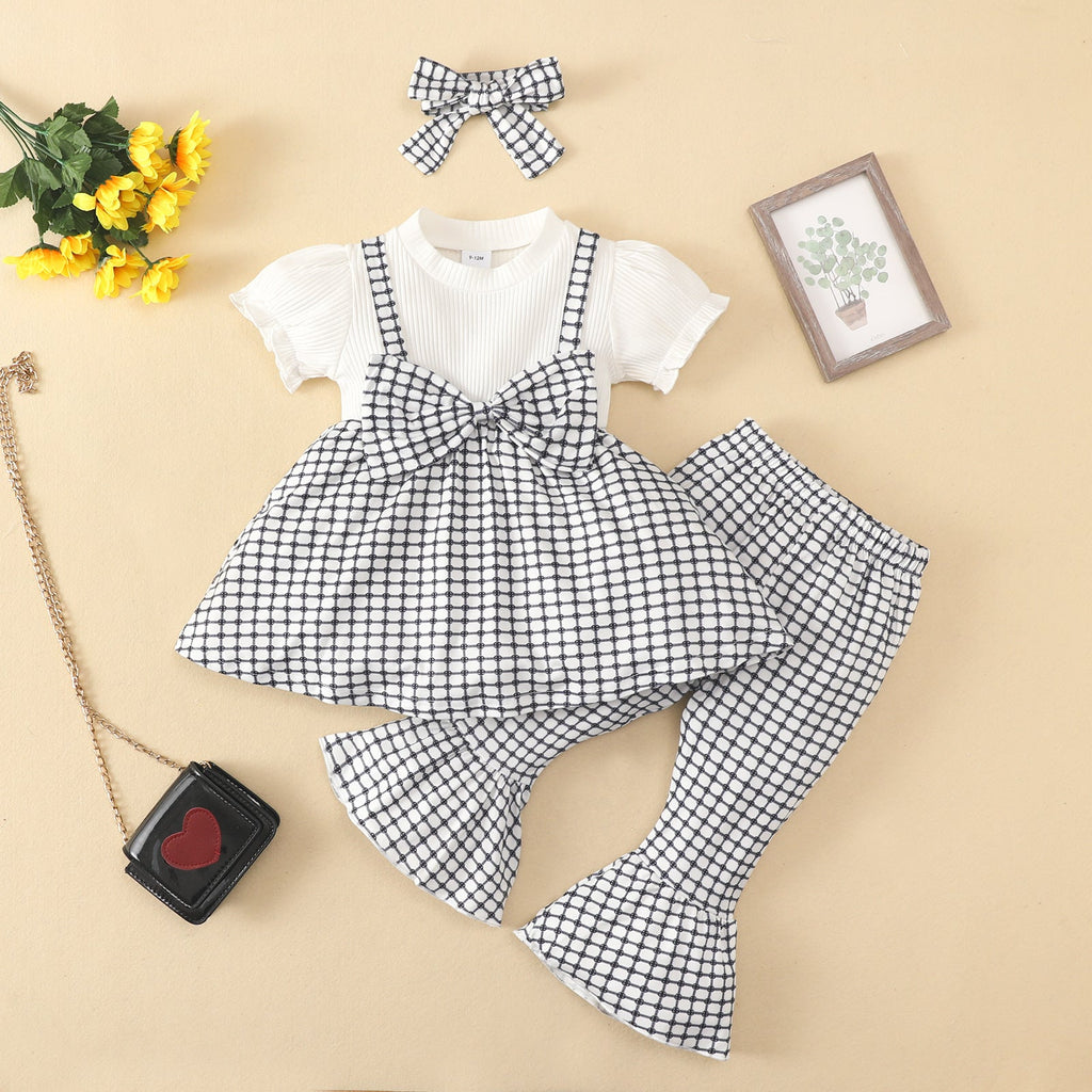 6M-3Y Short Sleeve Fake Straps Plaid Panel Top Dress Flared Pants Baby Girl Outfit Sets Wholesale Baby Clothes - PrettyKid