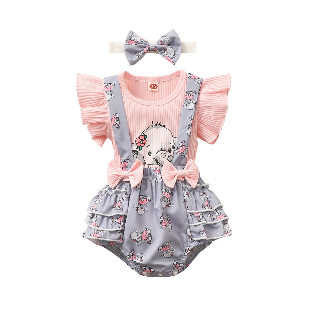 3-24M Baby Girls Sets Elephant Print Ribbed Tops & Suspender Shorts & Headband Baby Clothes In Bulk - PrettyKid