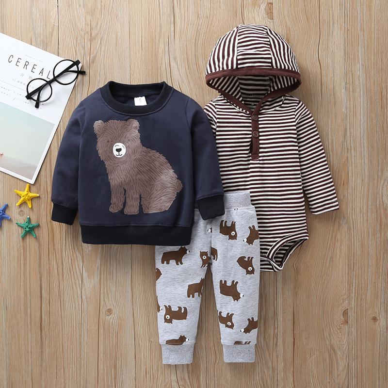 Cute 3-piece Hooded Bodysuit, Animal Sweatshirt and Pants Set Wholesale children's clothing - PrettyKid