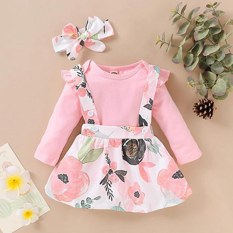 3-piece Solid Ruffle Bodysuit & Floral Printed Dress & Headband for Baby Girl Children's Clothing - PrettyKid