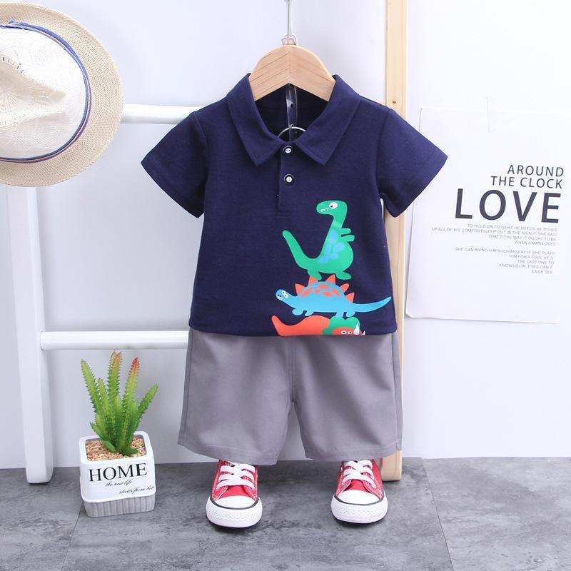 Grow Boy Dinosaur Pattern Polo Shirt & Solid Color Shorts - PrettyKid