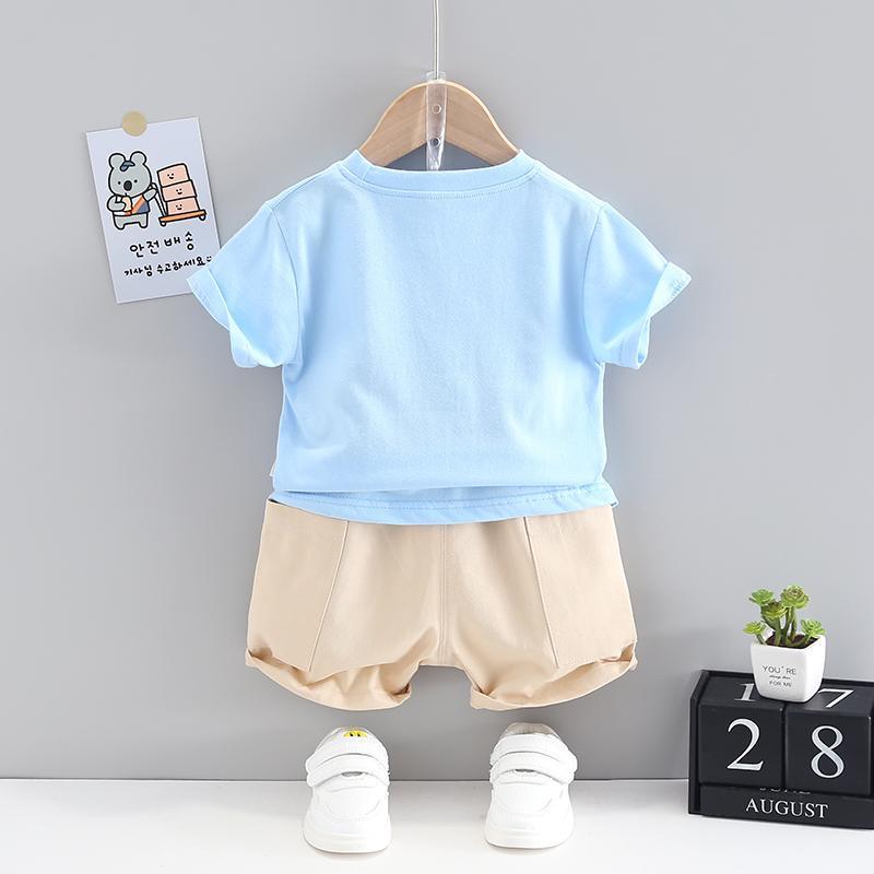 Grow Boy Cartoon Fish Patten Top & Solid Color Shorts - PrettyKid