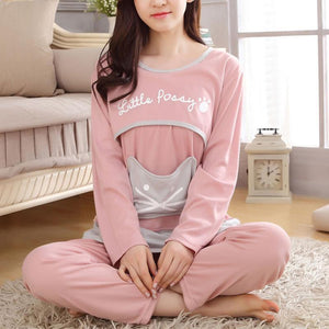 Women Cartoon Print Long-sleeve Nursing Pajamas Set - PrettyKid