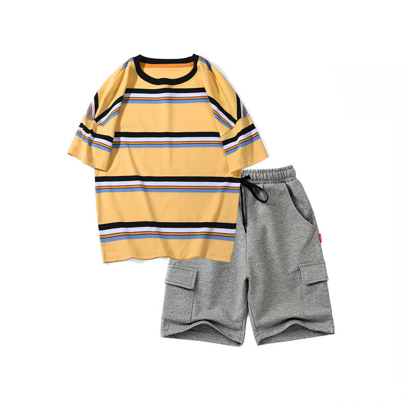5-13Y Kid Boys Sets Striped Dinosaur Print Crew Neck T-Shirt & Shorts Wholesale Kids Boutique Clothing - PrettyKid