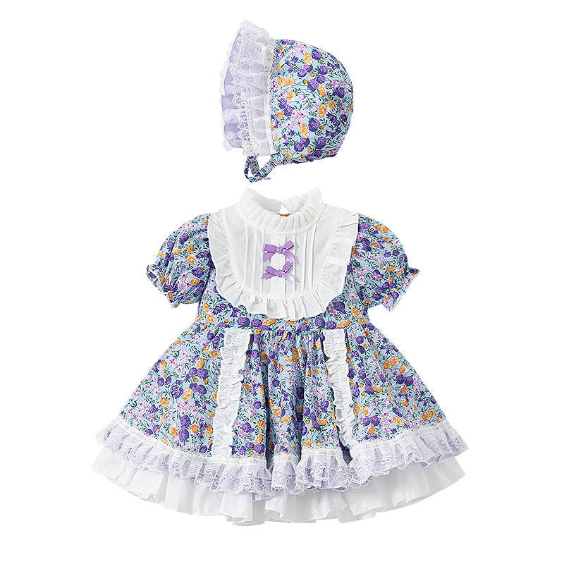 9M-4Y Baby Girl Spanish Dresses Lolita Floral Bow Colorblock Puff Sleeve Hat Wholesale Baby Clothes - PrettyKid