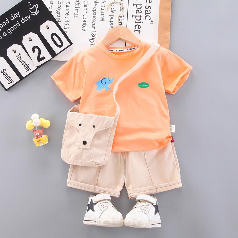 Toddler Boy Cartoon Elephant Pattern T-shirt & Shorts & Bag - PrettyKid