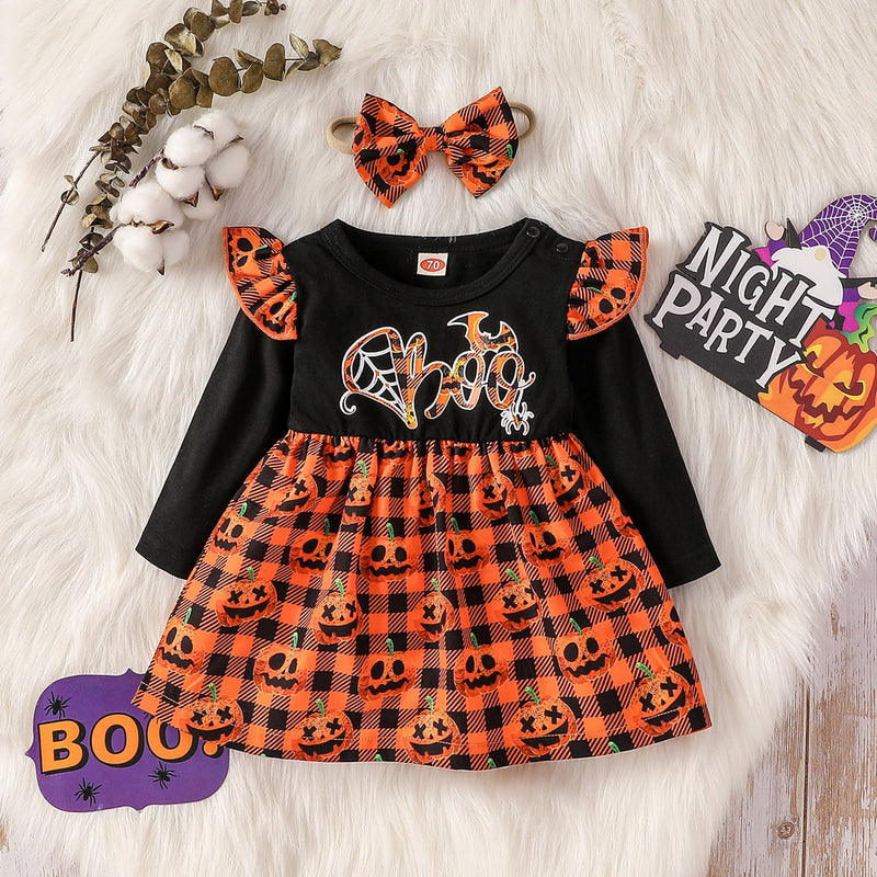 0-12M Halloween Black Tops Long Pumpkin Flying Sleeve Skirt Dress With Headwear Baby Wholesale Clothing