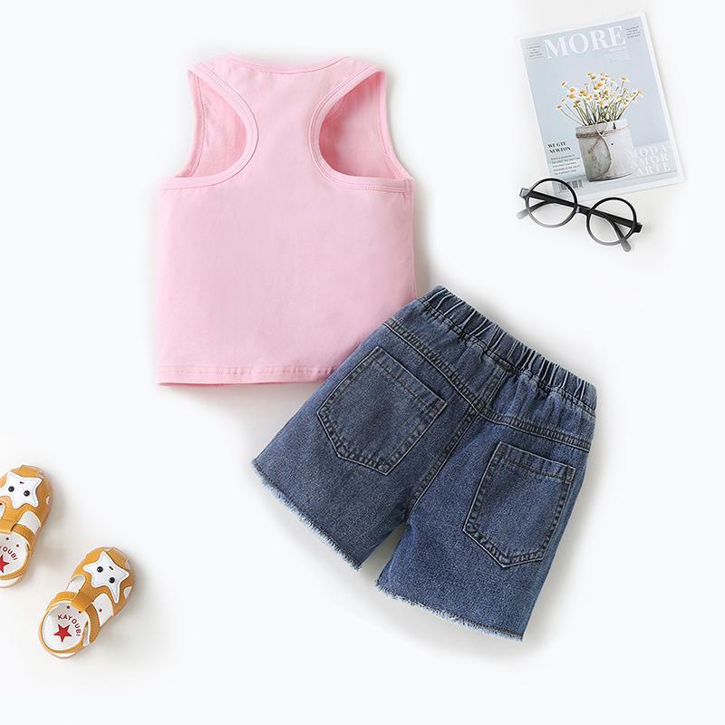 Toddler Girl Letter Print Tank & Denim Shorts - PrettyKid