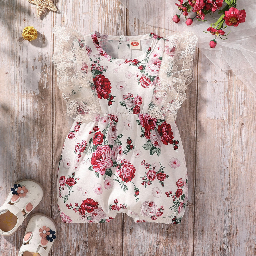 3-18M Rose-Print Lace-Trimmed Sleeveless Playsuit Wholesale Baby Clothes - PrettyKid