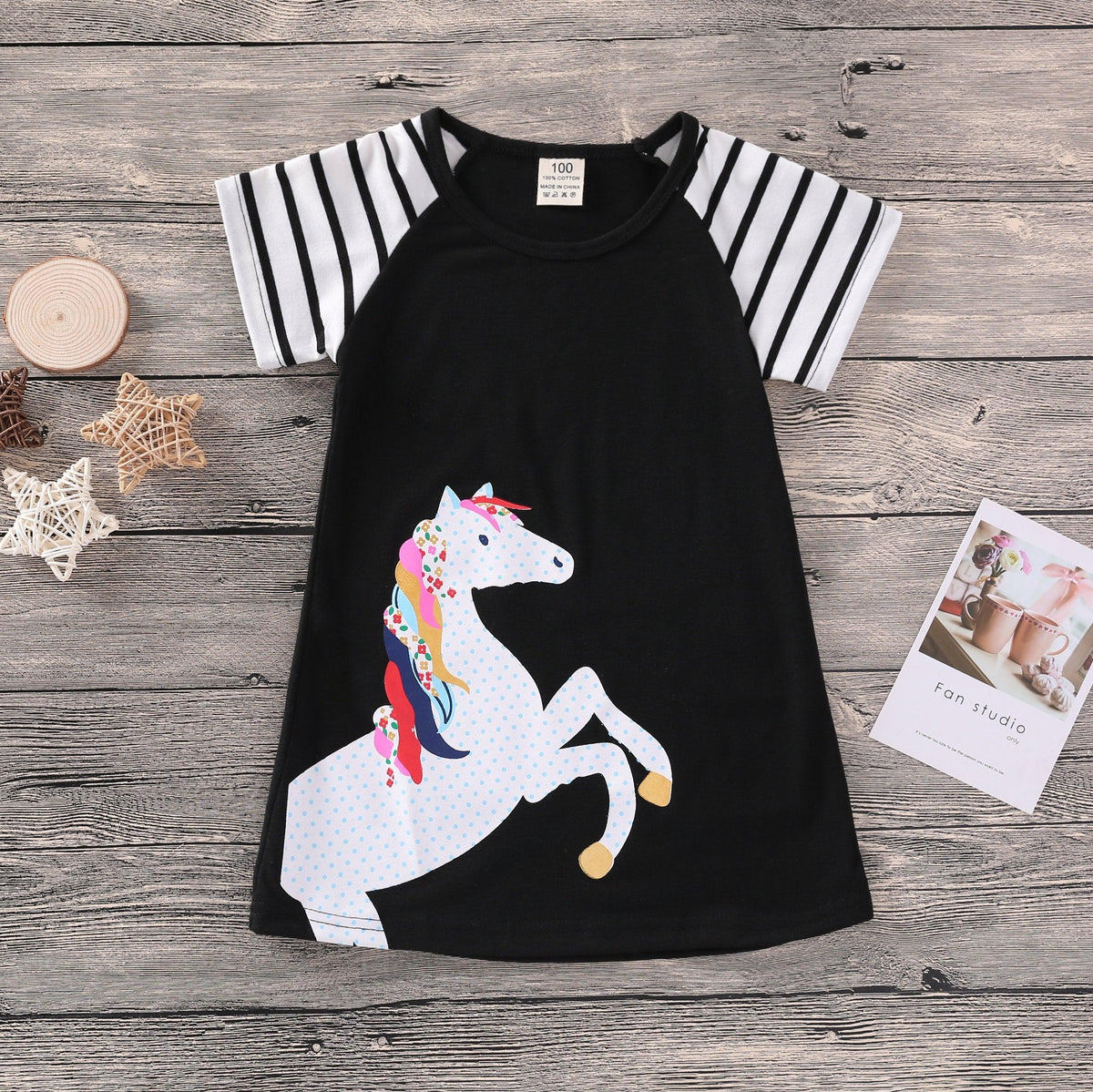 Short-Sleeve Striped Horse Print Dress - PrettyKid