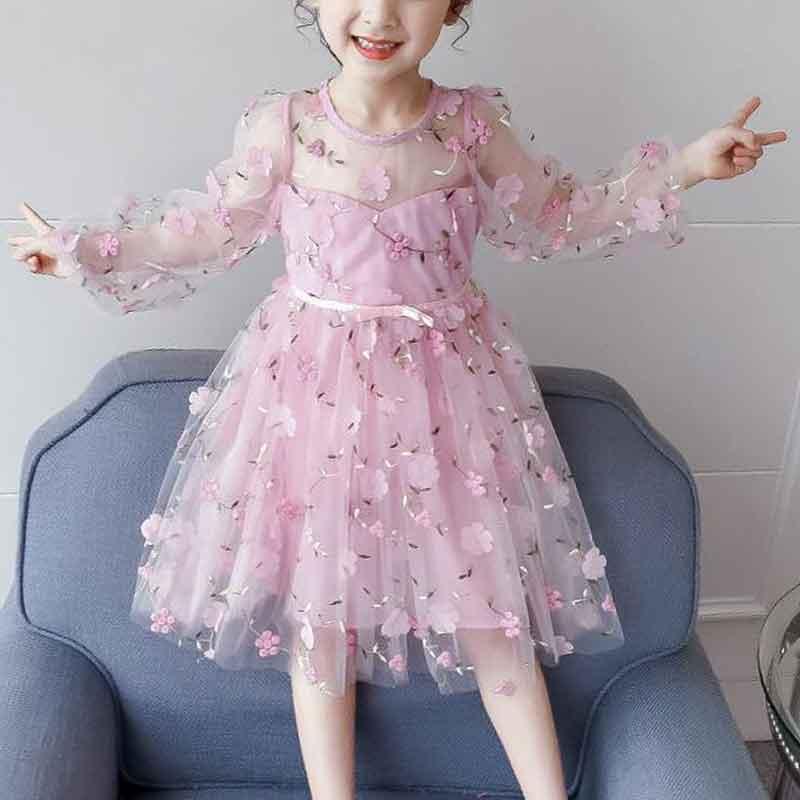 Kid Girl Three-dimensional Flower Mesh Dress - PrettyKid