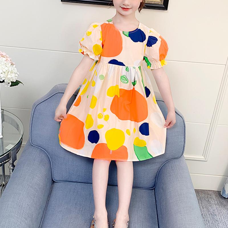 Girl Colorful Dot Print Puff Sleeve Dress - PrettyKid