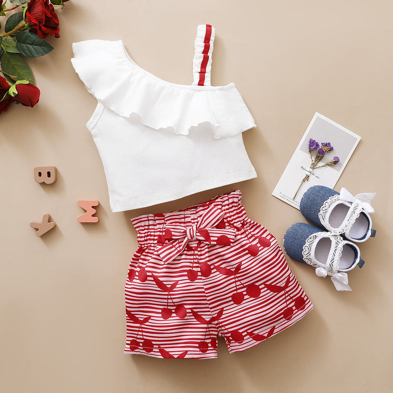1-5Y Toddler Girls Sets Ruffle One Shoulder Top & Striped Cherry Shorts Wholesale Little Girl Clothing - PrettyKid