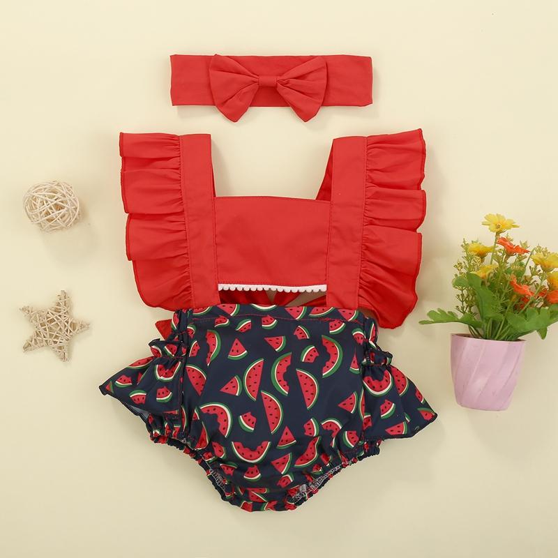 Baby Girl Watermelon Print Ruffle Trim Bodysuit & Headband - PrettyKid
