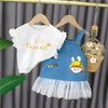 Toddler Girl Letter Print Top & Cartoon Pattern Suspender Dress - PrettyKid