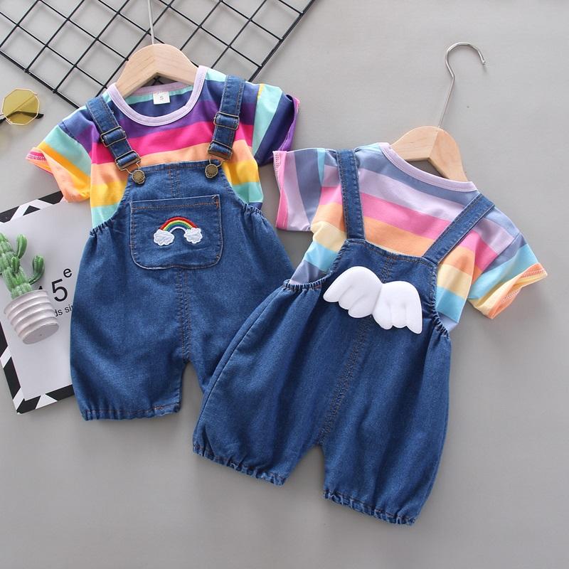 Toddler Girl Rainbow Striped T-shirt & Wing Decor Overalls Children's Clothing - PrettyKid