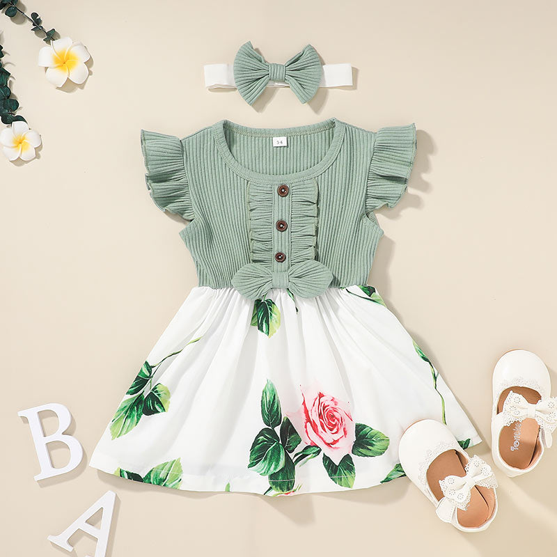 Baby Girl Ribbed Floral Ruffle Sleeve Dress & Headband - PrettyKid