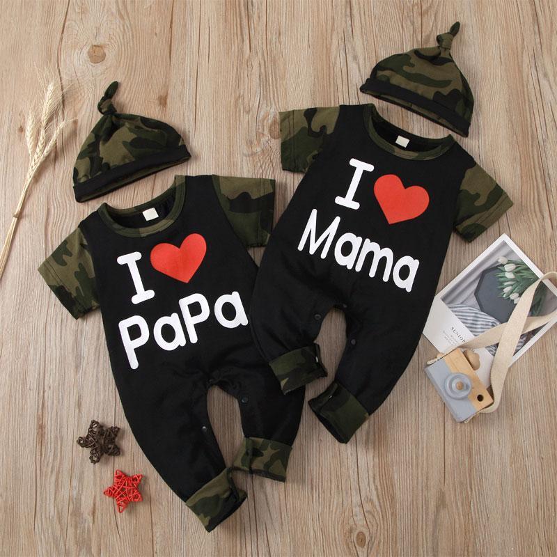 Baby Letter Graphic Camouflage Print Jumpsuit & Hat - PrettyKid