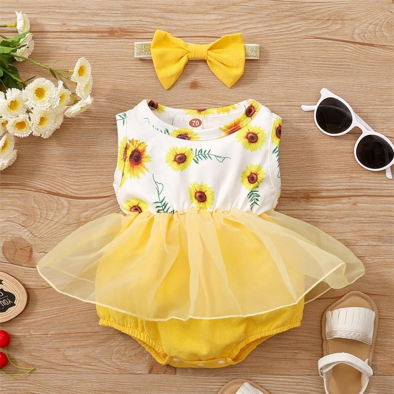 Baby Girl Sunflower Print Sleeveless Mesh Hem Bodysuit & Headwear - PrettyKid