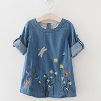 Floral Pattern Denim Dress for Toddler Girl - PrettyKid