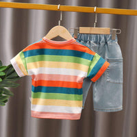 Children Boy 2pcs Color Stripes T-shirt & Shorts - PrettyKid