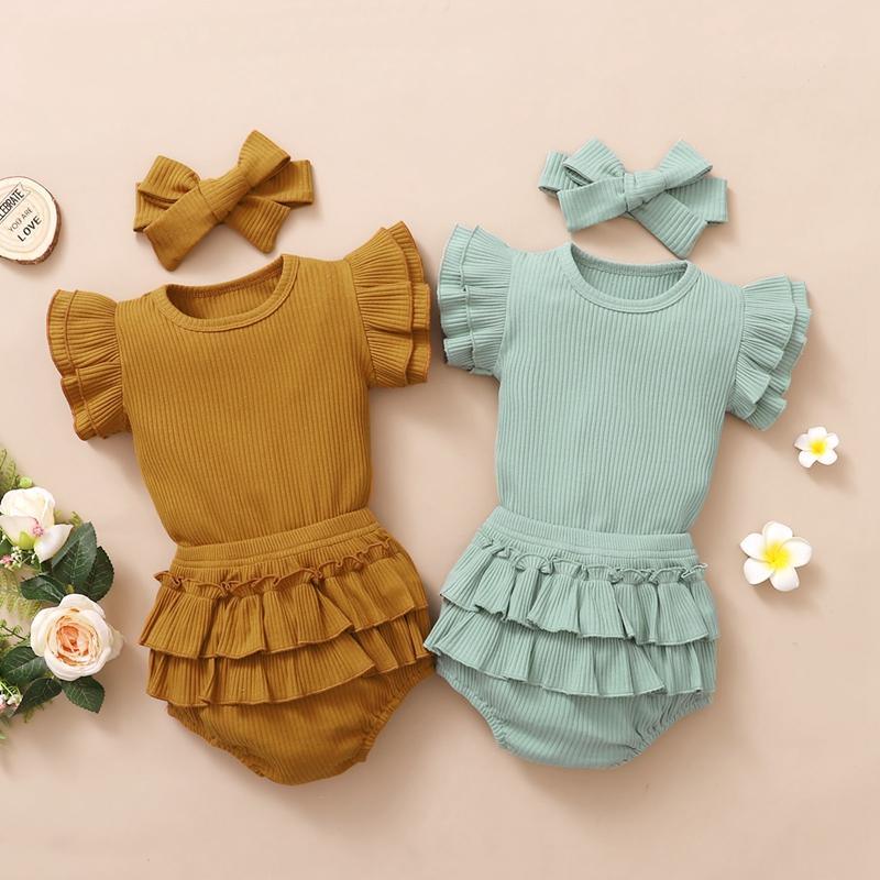 New Born Girl Ribbed Bodysuit & Ruffle Shorts & Bowknot Headband - PrettyKid