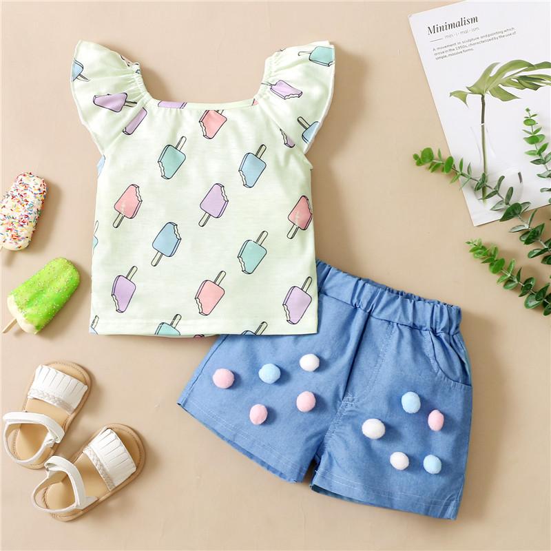 childrenswear wholesale Baby Girl Popsicle Print Ruffle Sleeve Top & Denim Shorts Wholesale Children's Clothing - PrettyKid