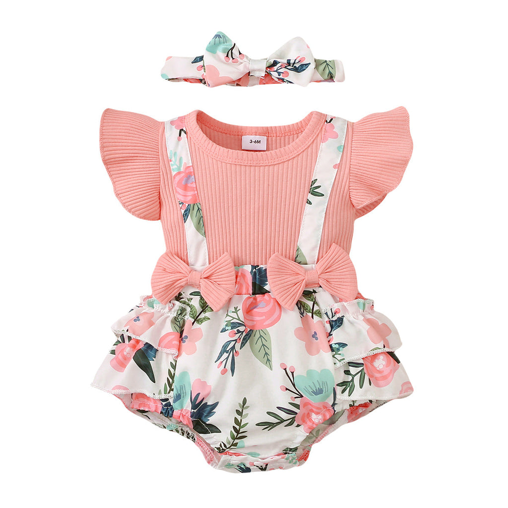 0-18M Flying Sleeve Colorblock Print Bow Headband Baby Girl Jumpsuit Wholesale Baby Clothes - PrettyKid