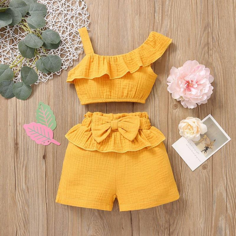 Toddler Girl Solid Color Ruffle Trim Top & Bow Decor Shorts - PrettyKid