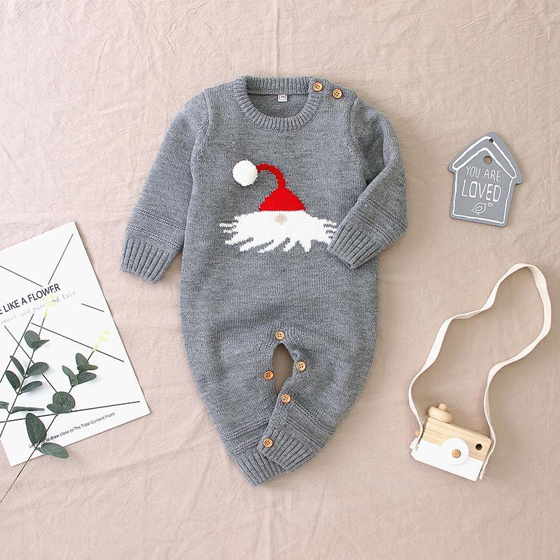 Christmas Hat Embroidery Knit Piece Long Sleeve jumpsuit for Baby - PrettyKid