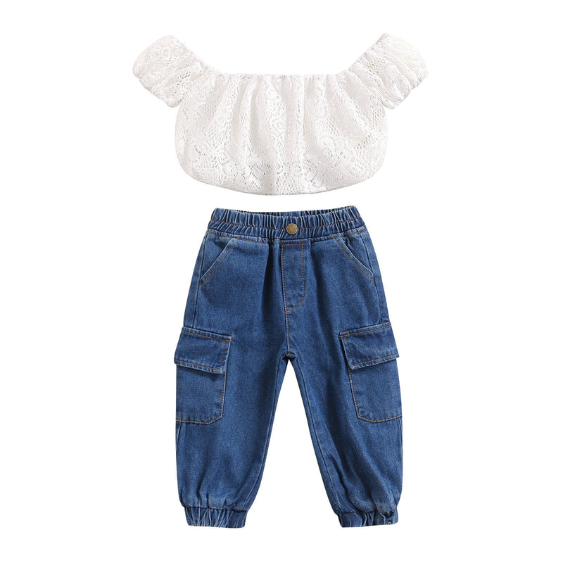 18M-6Y Toddler Girls Clothing Sets Lace Off-Shoulder Top And Jeans Wholesale Little Girl Clothing - PrettyKid