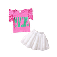 18M-6Y Toddler Girls Outfits Sets Letter Print Flutter Sleeve Top & Mesh Skirts Fashion Girl Wholesale