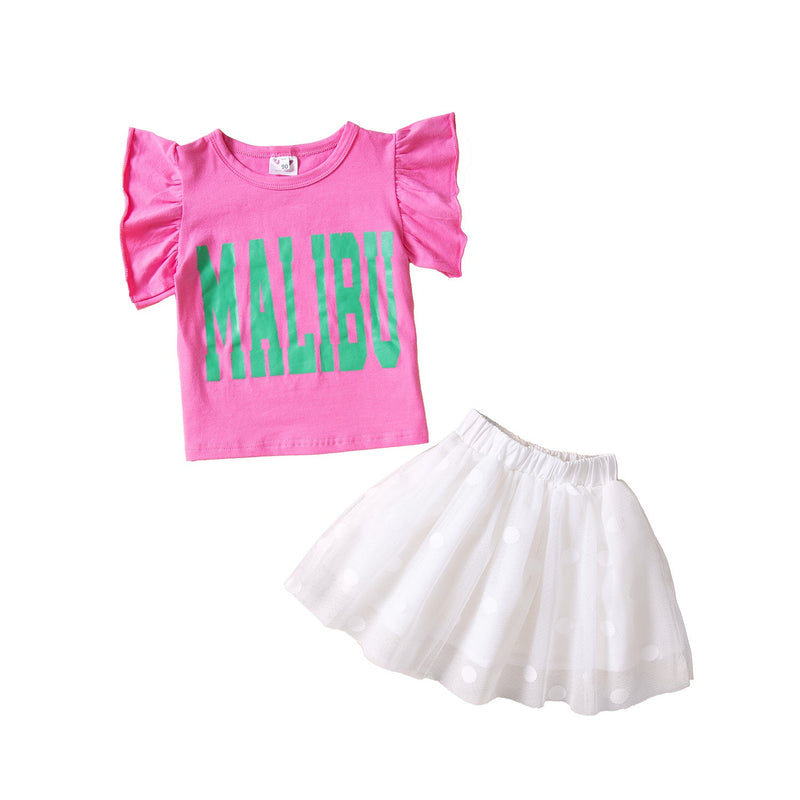18M-6Y Toddler Girls Outfits Sets Letter Print Flutter Sleeve Top & Mesh Skirts Fashion Girl Wholesale