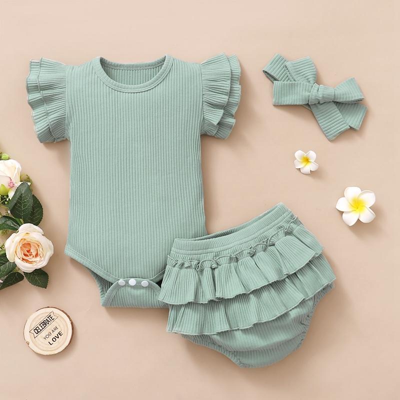 New Born Girl Ribbed Bodysuit & Ruffle Shorts & Bowknot Headband - PrettyKid