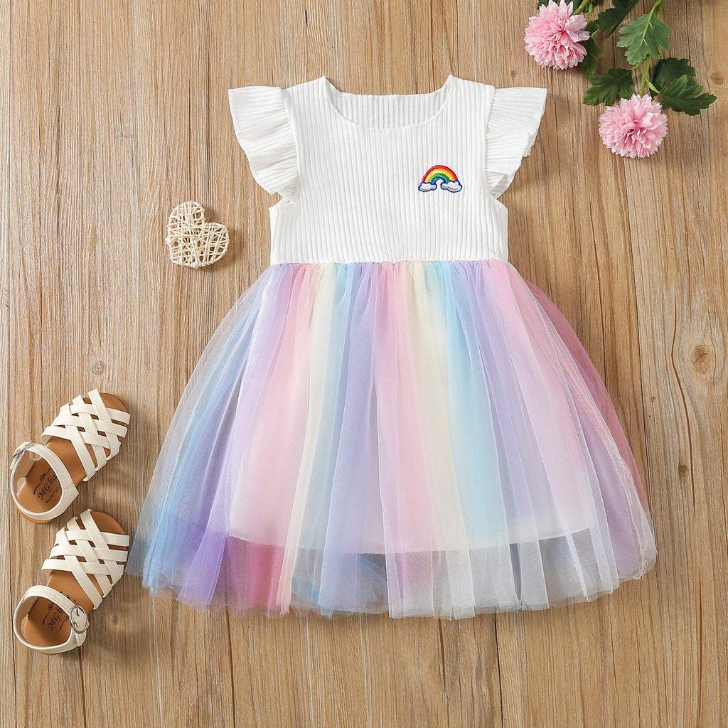 9M-4Y Rainbow Patchwork Mesh Flying Sleeve Pit Dress Wholesale Baby Clothes - PrettyKid