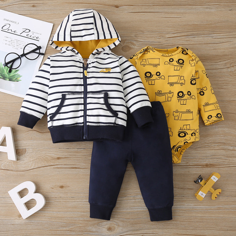 Baby Boys Yellow Car Print Coat Bodysuit Pants Set Cheap Baby Clothes Wholesale - PrettyKid