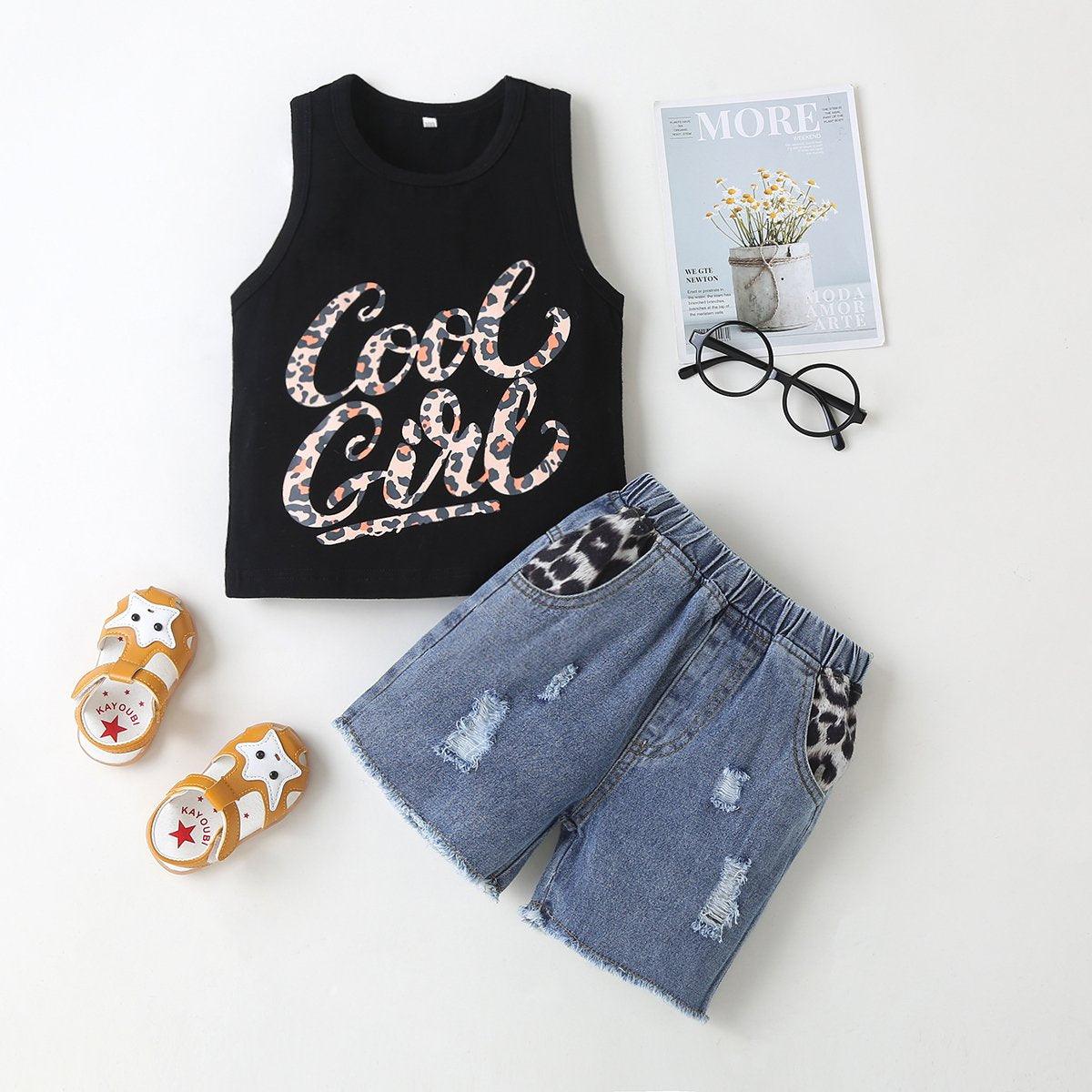 Toddler Girl Leopard Letter Tank & Denim Shorts - PrettyKid