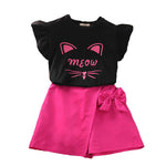 4-12Y Kid Girl Clothes Sets Cat Print Top And Bow Shorts Wholesale Kids Boutique Clothing - PrettyKid