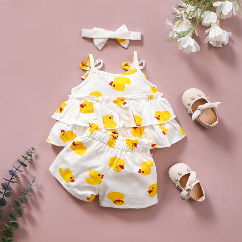 Baby Girl Little Yellow Duck Pattern Suspender Top & Shorts & Headband - PrettyKid