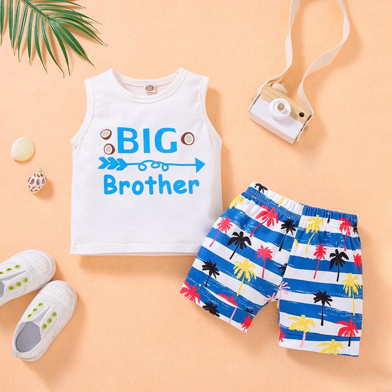 Toddler Boy Letter Pattern Top & Stripes Tree Shorts Children's Clothing - PrettyKid