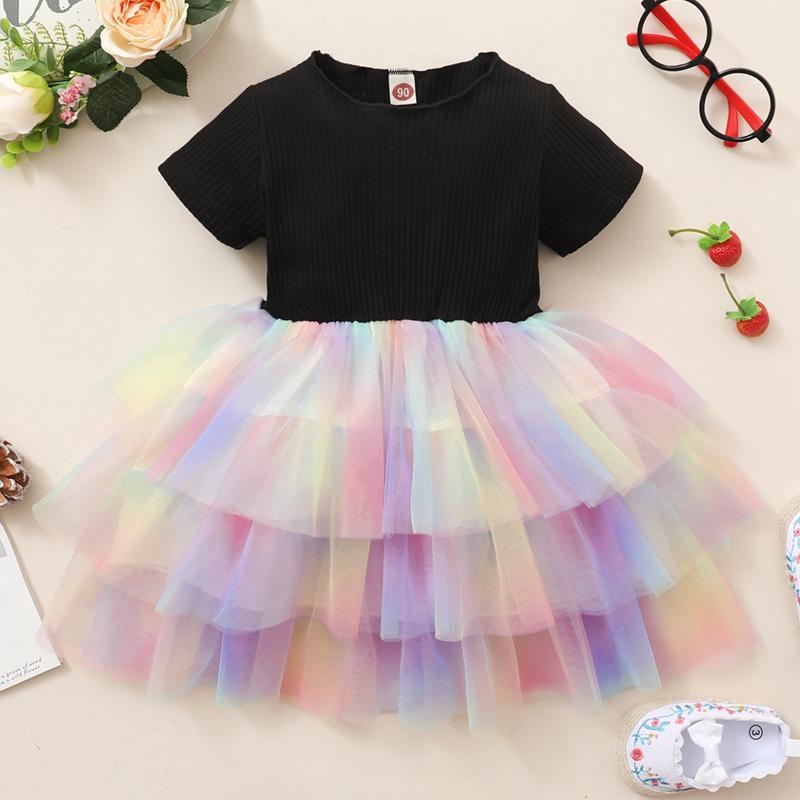infant rompers wholesale Toddler Girl Color-block Mesh Hem Dress - PrettyKid