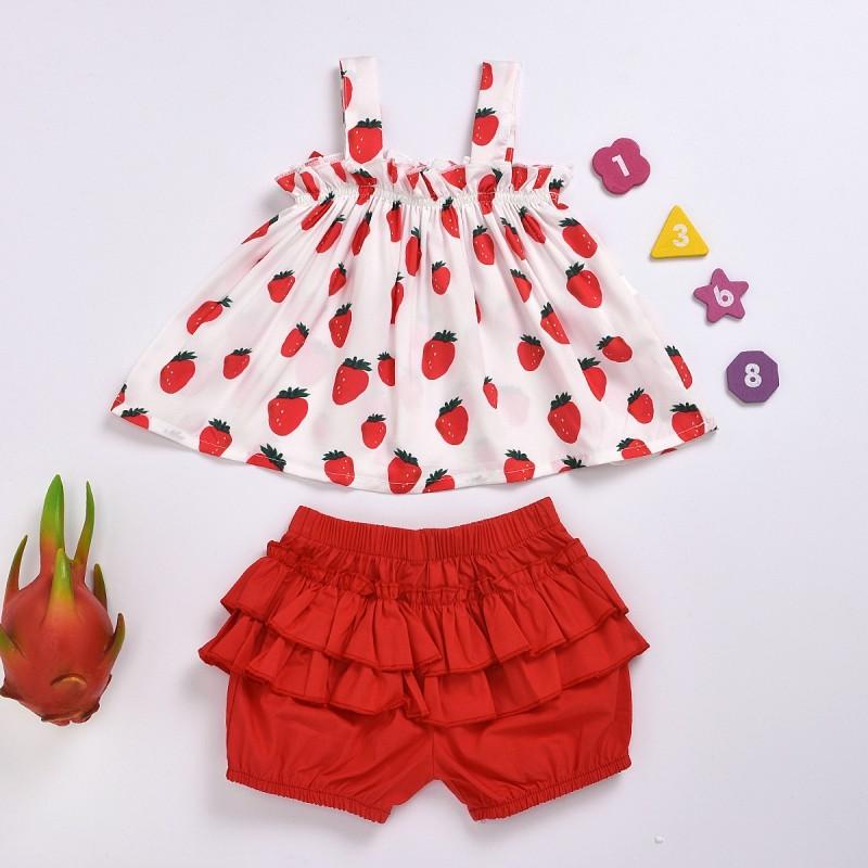 2-piece Strawberry Printed Tops & Solid Shorts for Toddler Girl - PrettyKid