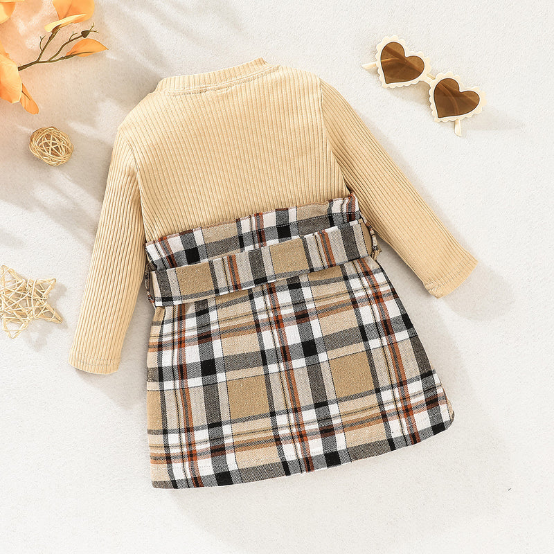 Wholesale Baby Round neck Patchwork Plaid Long Sleeve Dress in Bulk - PrettyKid