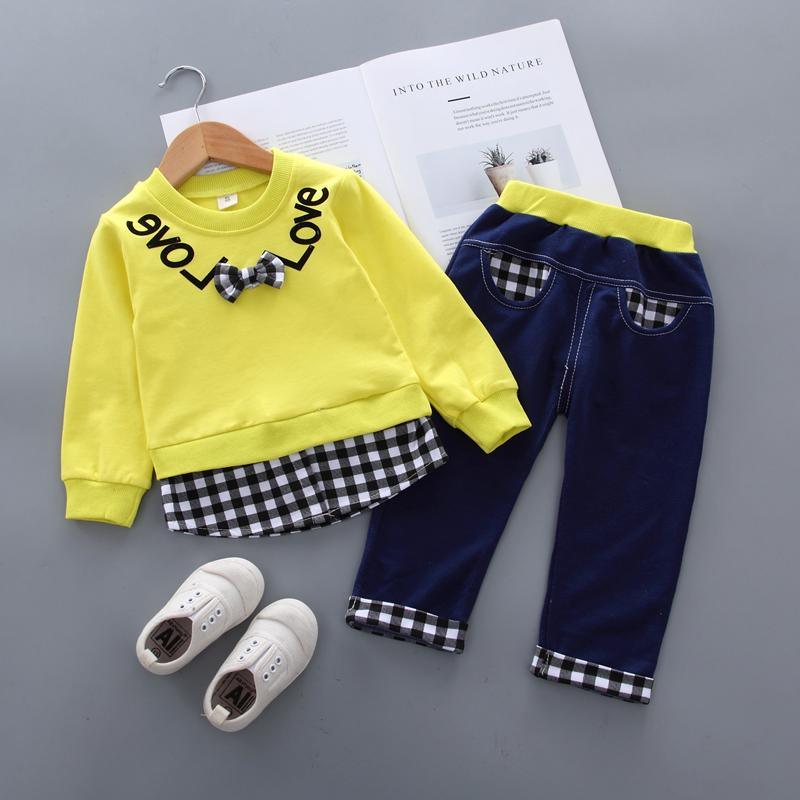 2pcs Fashion Color-block Plaid Love Print Pullover and Pants Children's Clothing - PrettyKid