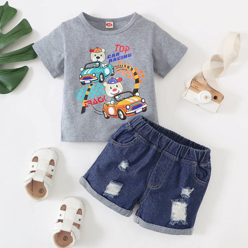 Cartoon Printing T-Shirts Denim Pocket Shorts Wholesale Baby Boy Sets - PrettyKid