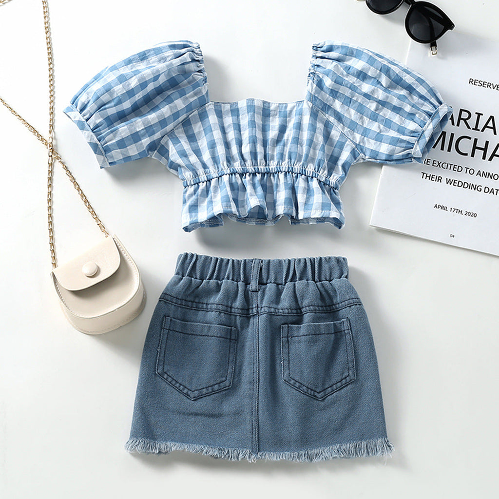 2-7years Girls Shorts Set Square Neck Blue Plaid Top Denim Fringe Skirt Wholesale Toddler Clothing - PrettyKid