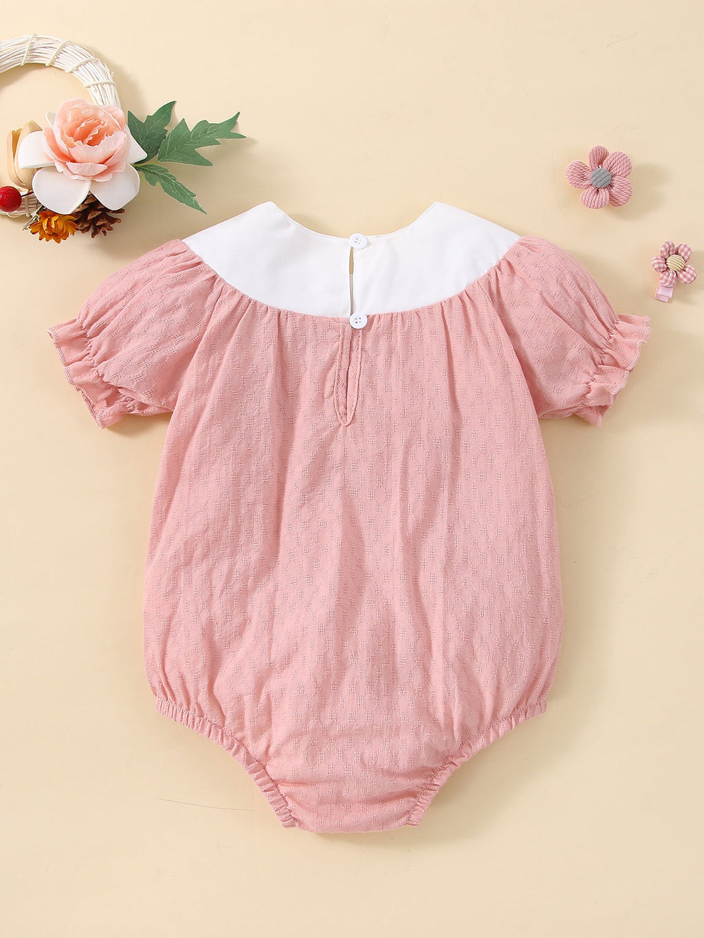 Baby Girl Puff Sleeve Embroidered Pink Bodysuit Wholesale Baby Onesies - PrettyKid