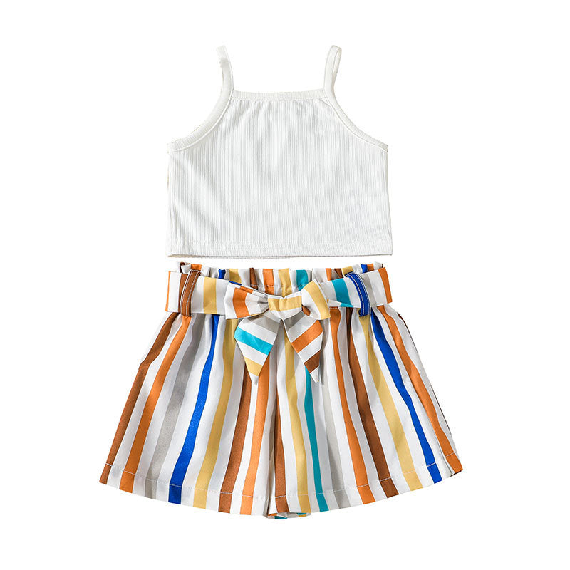 3-24M Cami Top And Striped Belted Shorts Wholesale Baby Girl Clothes Sets - PrettyKid