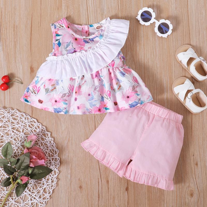 Toddler Girl Ruffle Trim Sleeveless Floral Top & Shorts - PrettyKid