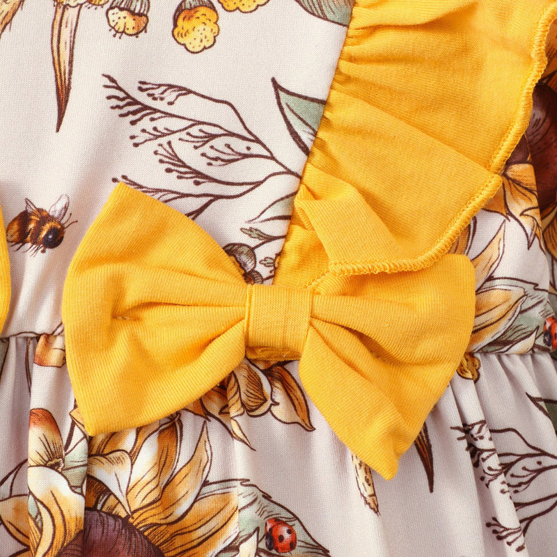 Baby Girl Elegant Ruffle Bow Floral Print Long Sleeve Jumpsuit Headband Two-piece - PrettyKid